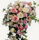 Alstroemeria, roses and miniature dianthus create a sweet cascade of pinks and whites...